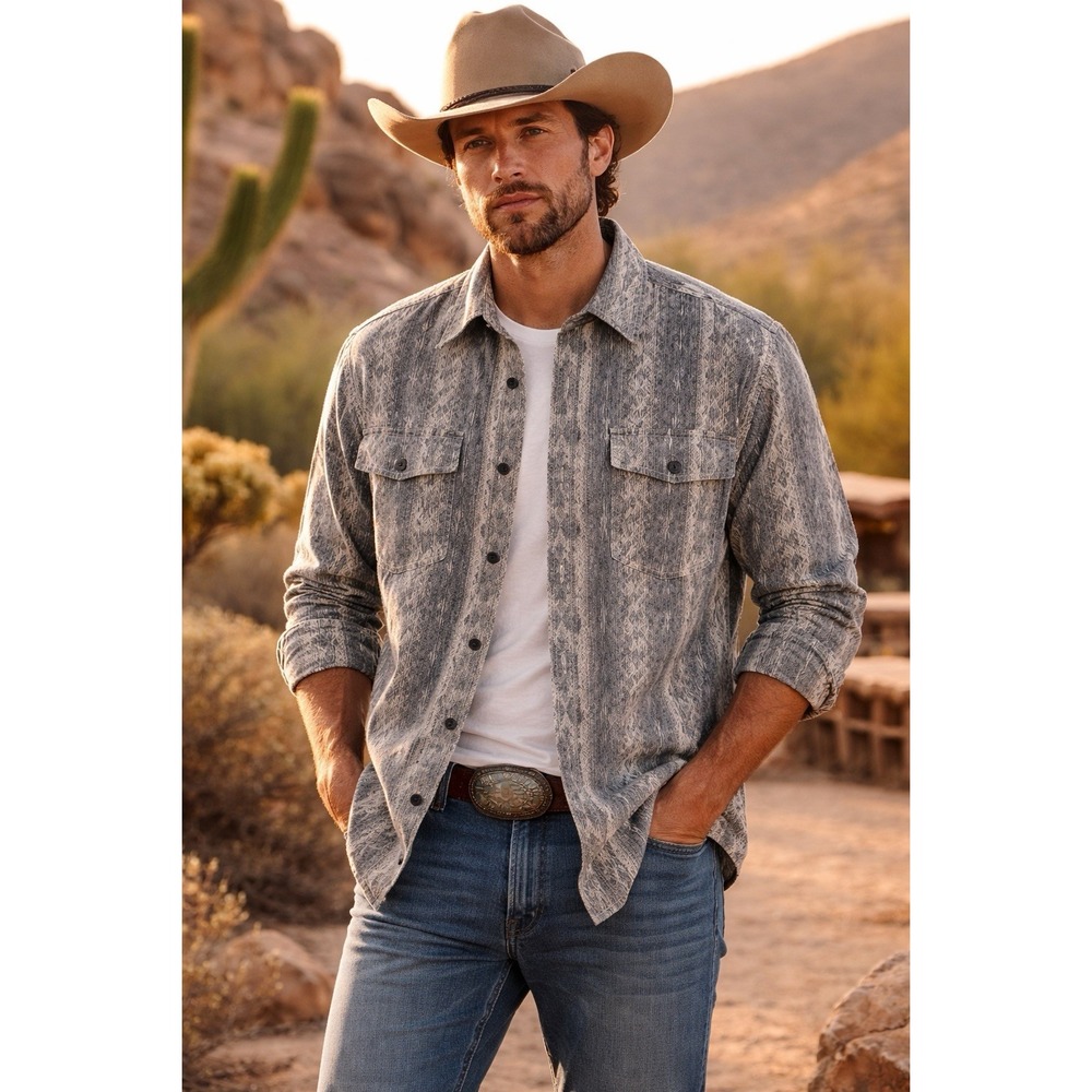 Sun + Stone Men Flannel Shirt L Aztec Southwest Tribal Gray Cotton Western Ranch - Picture 2 of 10